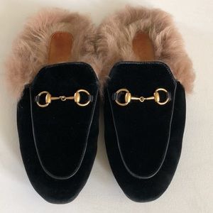Gucci Velour Fur Pricetown Slippers Black Size 7